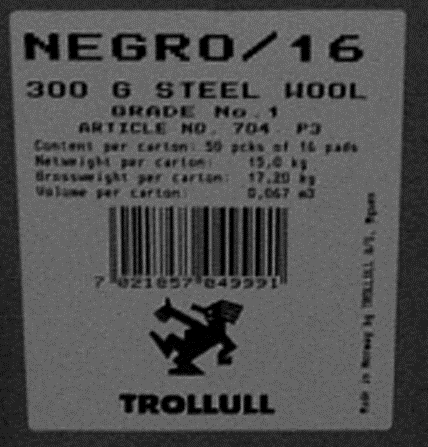 Stålull. Emballasjemerking til markede i Midt-Østen der trollulla heter Negro. Utsnitt av foto: Madelaine Brand